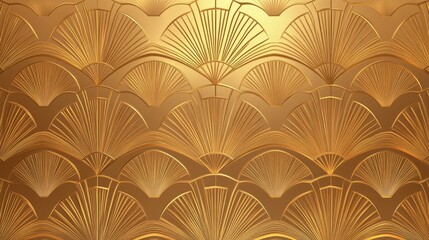 20.Elegant and seamless art deco pattern with fan-shaped motifs in metallic gold; the background is filled with fine, thin lines that outline the fan shapes, creating a refined, luxurious texture