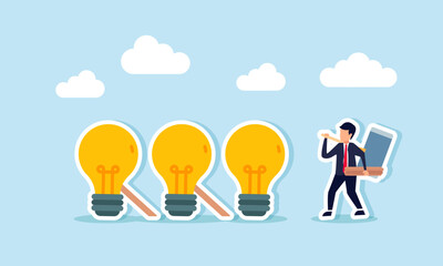 A businessman carrying wood and a big hammer intends to support a row of lights to prevent them from falling, illustration of maintaining and improving business ideas to stay relevant
