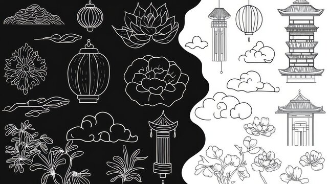 31.Elegant set of Asian design elements including intricate patterns, traditional lanterns, floral motifs, and cloud shapes in a Chinese and Japanese style; the collection features delicate line work