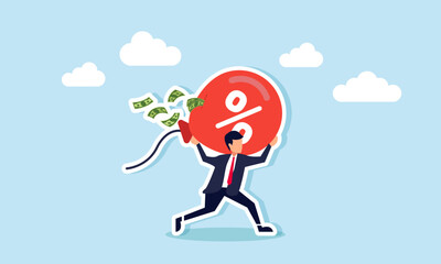 A businessman runs carrying a torn balloon with a percentage sign, spilling money everywhere, illustration of saving business financial assets from discount wars