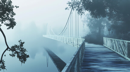 Obraz premium A misty veil rises from the tranquil water below, enveloping a slender white suspension bridge's metal frame and weathered wooden deck in an eerie silence. Veil. Illustration