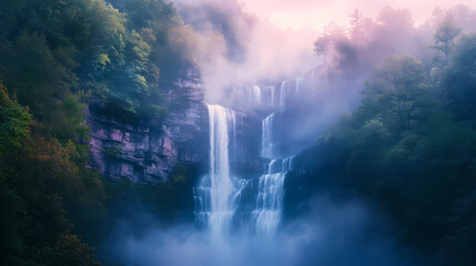A misty veil surrounds a majestic waterfall at dawn , mist, amicalola falls. Veil. Illustration