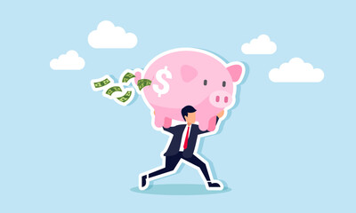 A businessman runs carrying a torn piggy bank, spilling money everywhere, illustration of saving company financial assets from bankruptcy