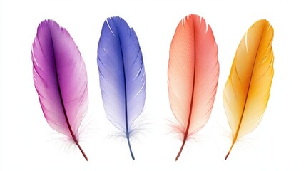 92.A trio of fan-shaped feathers in varying colors, placed side by side on a bright white background. Each feather displays a unique hue and delicate pattern, with visible barbs and soft gradients.