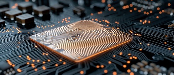 A close-up of a microchip on a circuit board, showcasing technology and design intricacies.