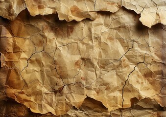 Naklejka premium Close-up of a textured, crumpled, and aged paper surface with cracks and stains. The earthy tones create a vintage aesthetic.