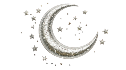 a silver crescent moon ornament surrounded
