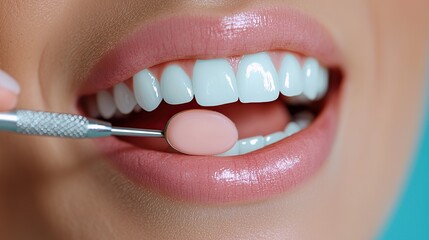 A close-up of a person's mouth during a dental procedure, showcasing teeth and tools.
