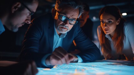 Nightly Strategy Session: Focused team reviewing blueprint, illuminated by glowing screen.  Intense collaboration in dimly lit space