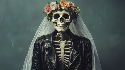 A skeleton in a wedding veil and leather jacket, adorned with a floral crown, conveys a unique blend of gothic and romantic themes. Veil. Illustration