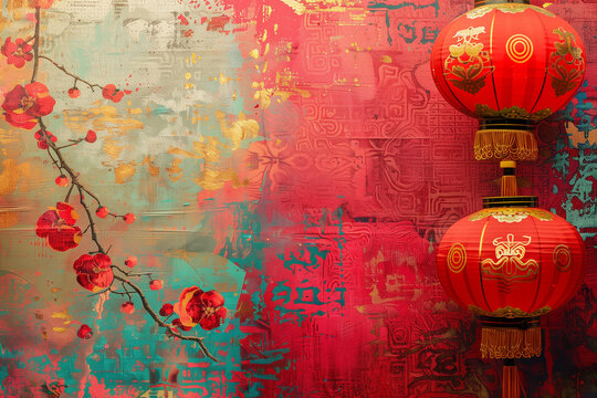 Copy Space Chinese Lanterns with Traditional Asian Symbols on Red Background for Lunar New Year 2025 Wooden Snake