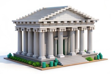 Fototapeta premium Elegant voxel art bank building with prominent white pillars and steps, ideal for digital financial branding wallpaper background