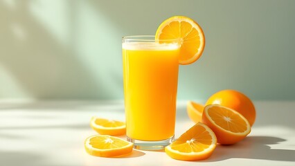 Freshly squeezed orange juice in a glass with a slice of orange, offering a refreshing, vitamin-rich drink perfect for a healthy start to the day or a revitalizing boost.