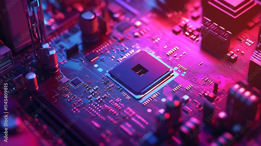 Poster closeup view of a computer motherboard and central processing unit