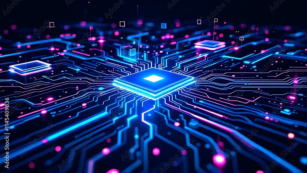 Poster futuristic circuit board with glowing circuits and abstract shapes in a dark setting, symbolizing ad