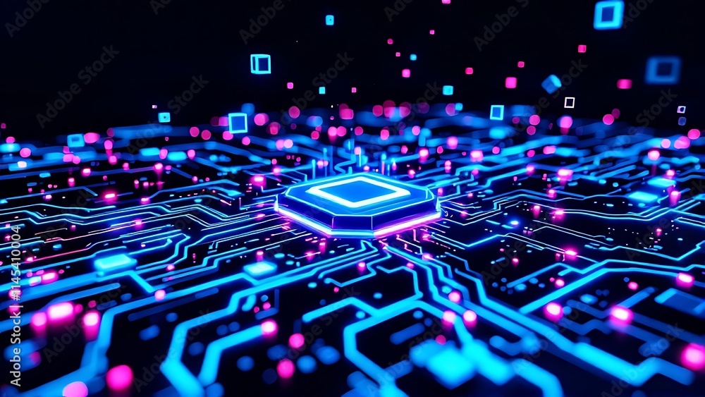 Poster futuristic circuit board with glowing circuits and abstract shapes in a dark setting, symbolizing ad