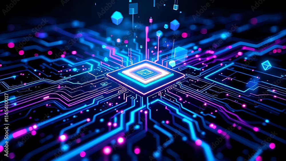Poster futuristic circuit board with glowing circuits and abstract shapes in a dark setting, symbolizing ad