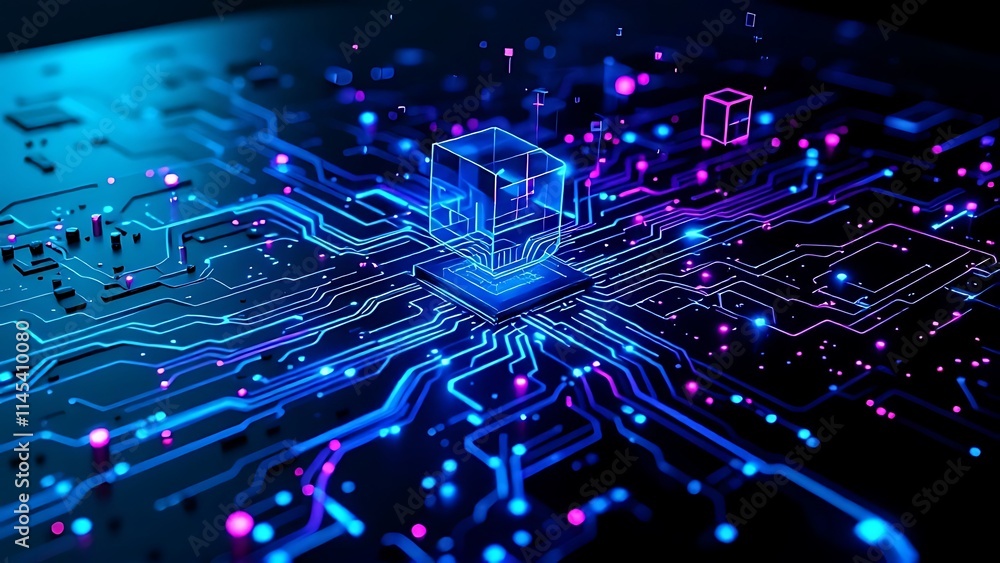 Poster futuristic circuit board with glowing circuits and abstract shapes in a dark setting, symbolizing ad