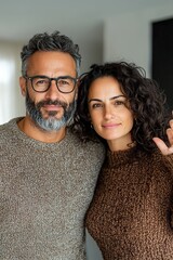 A couple smiling and posing together in a cozy indoor setting.