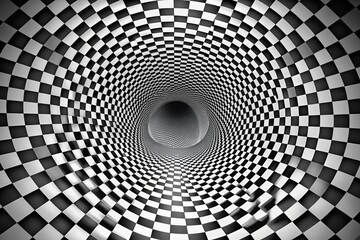 Abstract black and white checkerboard vortex creating a captivating depth illusion, perfect for wallpaper background.