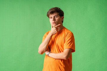 Young person expressing various emotions and body pains, pointing, using a cellphone, with colored...