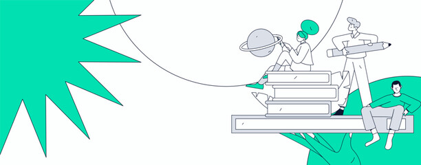 Obraz premium World Book Day Reading Character Flat Vector Concept Operation Hand Drawn Illustration 