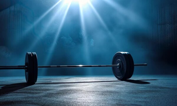 Barbell on a gym floor illuminated by overhead lights