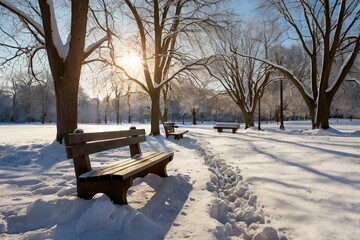 A peaceful snow-covered park with leafless trees forming a natural archway. Sunlight streams through the branches, casting long shadows on the pristine snow