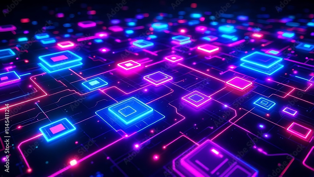 Poster futuristic data matrix with neon colors and glowing effects, representing advanced technology, digit