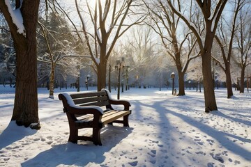 A peaceful snow-covered park with leafless trees forming a natural archway. Sunlight streams through the branches, casting long shadows on the pristine snow