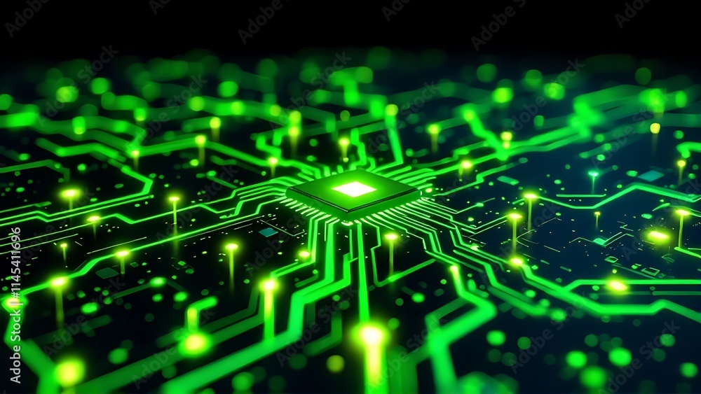 Aufkleber futuristic green circuit board with data streams, symbolizing advanced technology, digital connectiv