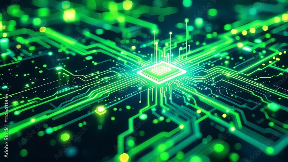 Poster futuristic green circuit board with data streams, symbolizing advanced technology, digital connectiv