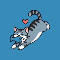 Cute cat running bites fish