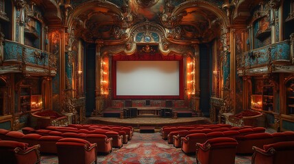 Large glowing white cinema screen in an oldfashioned movie theater surrounded by ornate decor and empty velvet chairs set in a vintage ambiance