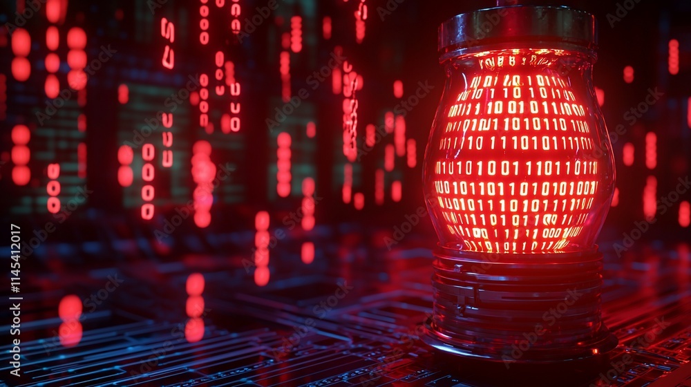 Poster Glowing glass orb filled with binary code on a circuit board.