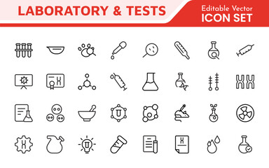 Laboratory and Tests Icon Set. A precise collection of icons for scientific testing and research, perfect for enhancing educational materials, lab websites, and health applications.