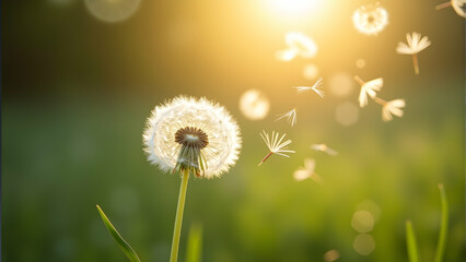Golden Hour Dandelion: Seeds drift on a gentle breeze, bathed in warm sunlight. Serene nature.