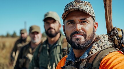 Fototapeta premium A group of hunters posing outdoors, showcasing camaraderie and preparation for an expedition.