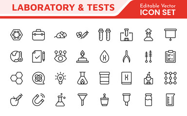 Laboratory and Tests Icon Set. A precise collection of icons for scientific testing and research, perfect for enhancing educational materials, lab websites, and health applications.
