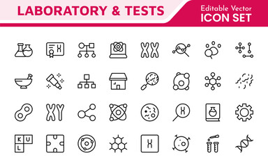 Laboratory and Tests Icon Set. A precise collection of icons for scientific testing and research, perfect for enhancing educational materials, lab websites, and health applications.