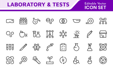 Laboratory and Tests Icon Set. A precise collection of icons for scientific testing and research, perfect for enhancing educational materials, lab websites, and health applications.