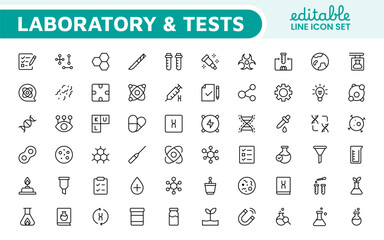 Laboratory and Tests Icon Set. A precise collection of icons for scientific testing and research, perfect for enhancing educational materials, lab websites, and health applications.
