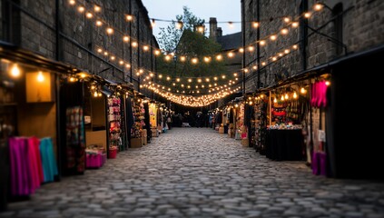 Fototapeta premium Cobblestone market street illuminated by string lights at dusk.