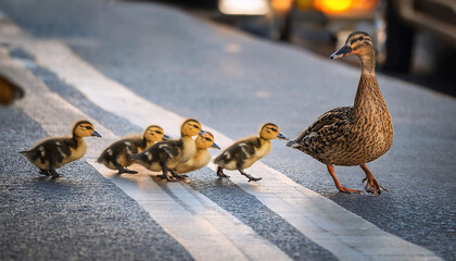 Cute ducklings walking in a line, crossing a road behind their mother