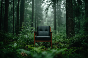Ethereal Enchantment: A lone chair rests in a misty forest, inviting contemplation and serenity amidst nature's embrace. Discover the magic within.
