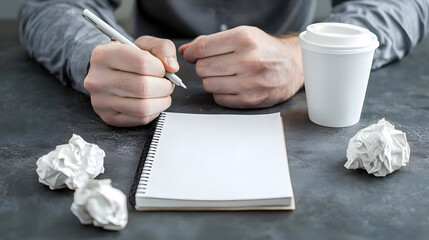 writer focused on blank notebook with crumpled papers and coffee