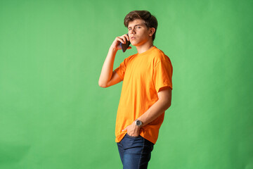 Young person expressing various emotions and body pains, pointing, using a cellphone, with colored...