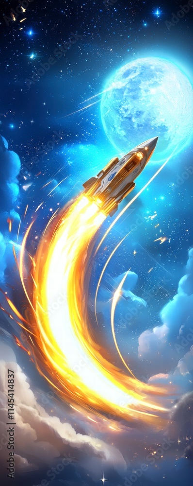 Poster rocket launching towards the moon outer space digital artwork celestial environment dynamic viewpoin