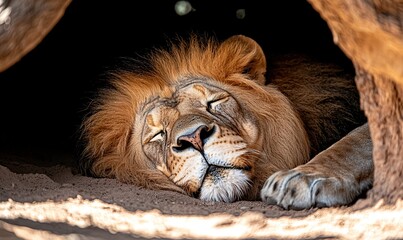 A lion peacefully sleeping in a shaded area, showcasing its majestic mane and serene expression.