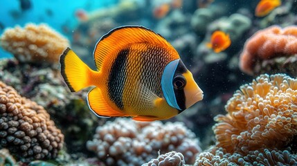 Obraz premium A vibrant clownfish swimming among colorful coral in a clear ocean environment.